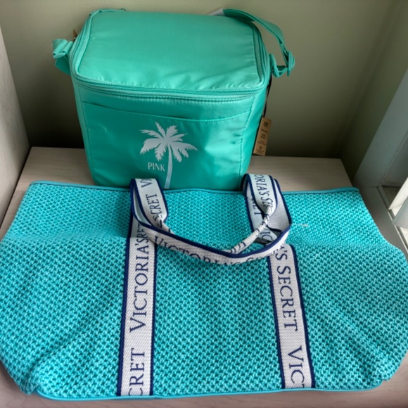 New Victoria’s Secret Turquoise Blue Woven Tote Bag & VS Turquoise Cooler Set - Picture 1 of 15